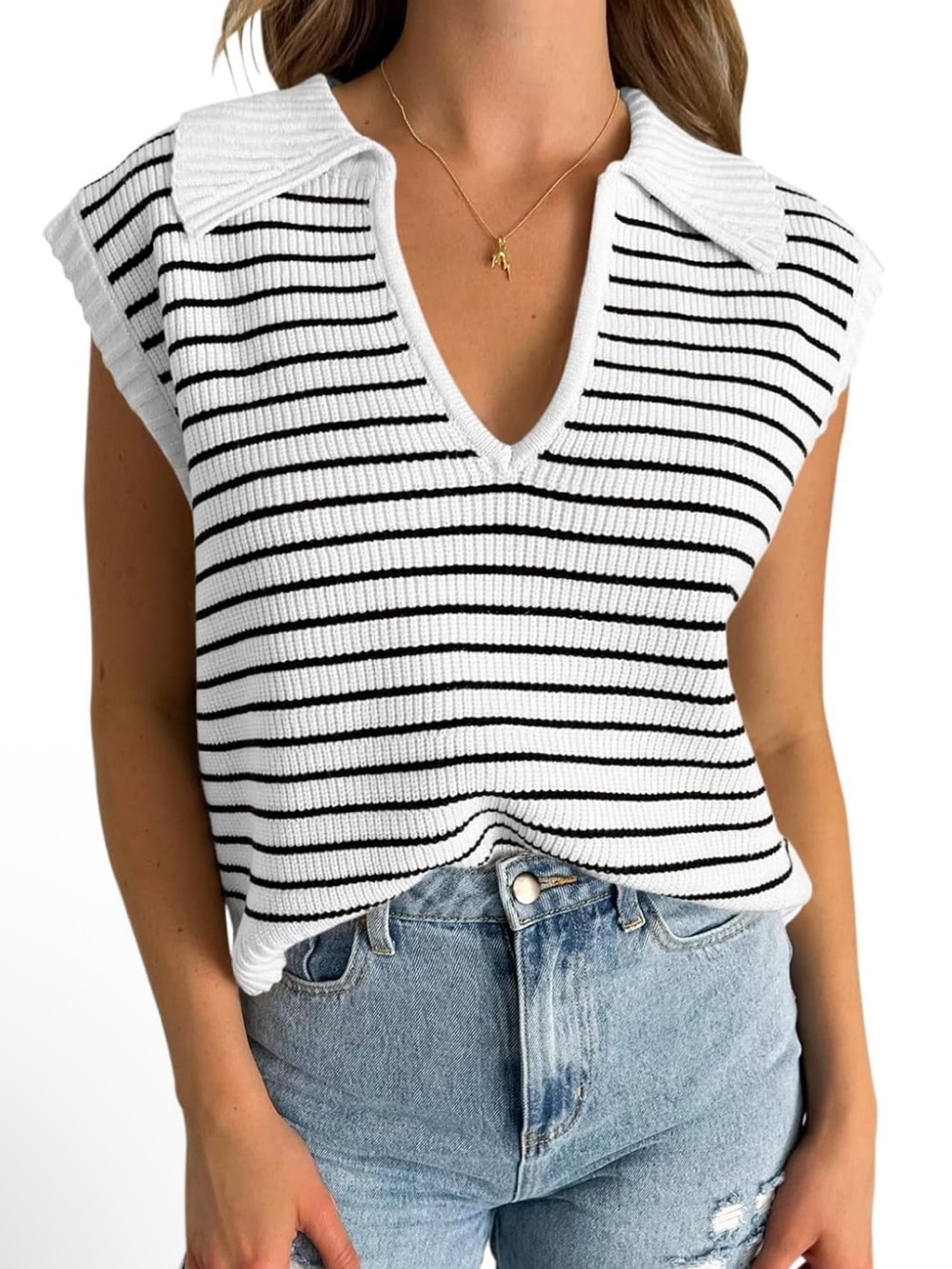 Women's V-Neck Striped Knit Sweater Vest